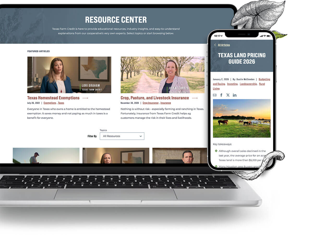 Laptop showing the resources overview with ability to filter, and a phone showing the beginning of a resource post.
